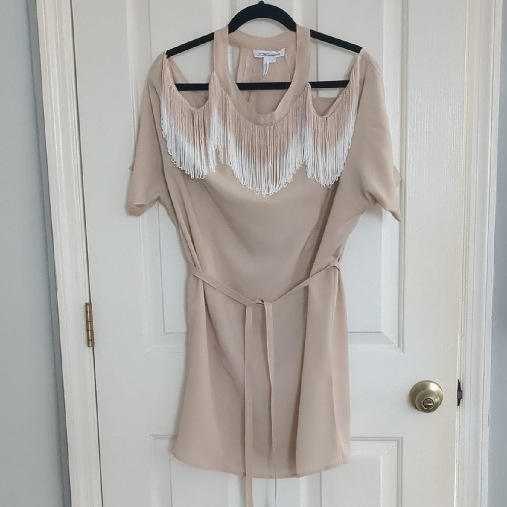 BCBGeneration Tan Sheath Dress with Cold Shoulder and Dolman Sleeves